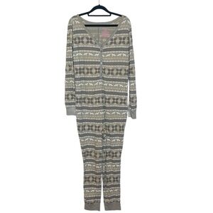 Fair Isle Nordic Print Fox One-Piece Full-Length Onesie Gray White Pajama, Large